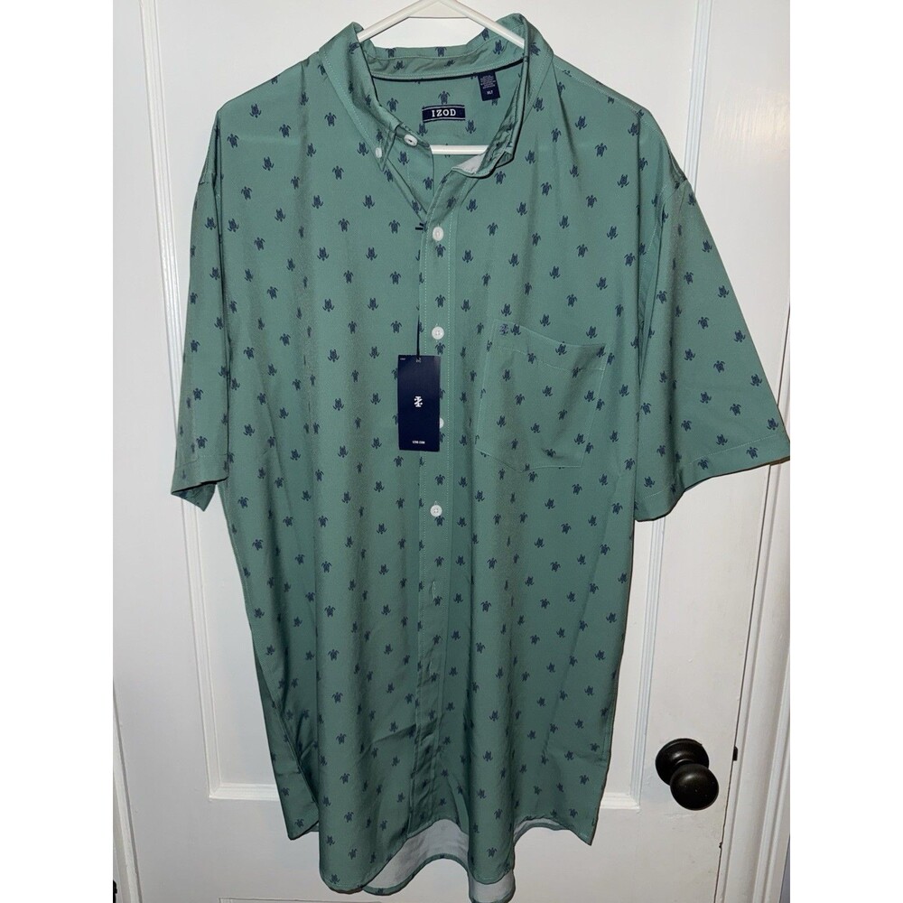 NWT Izod Mens XLT Green Blue Turtle Print Short Sleeve Button Up Shirt
